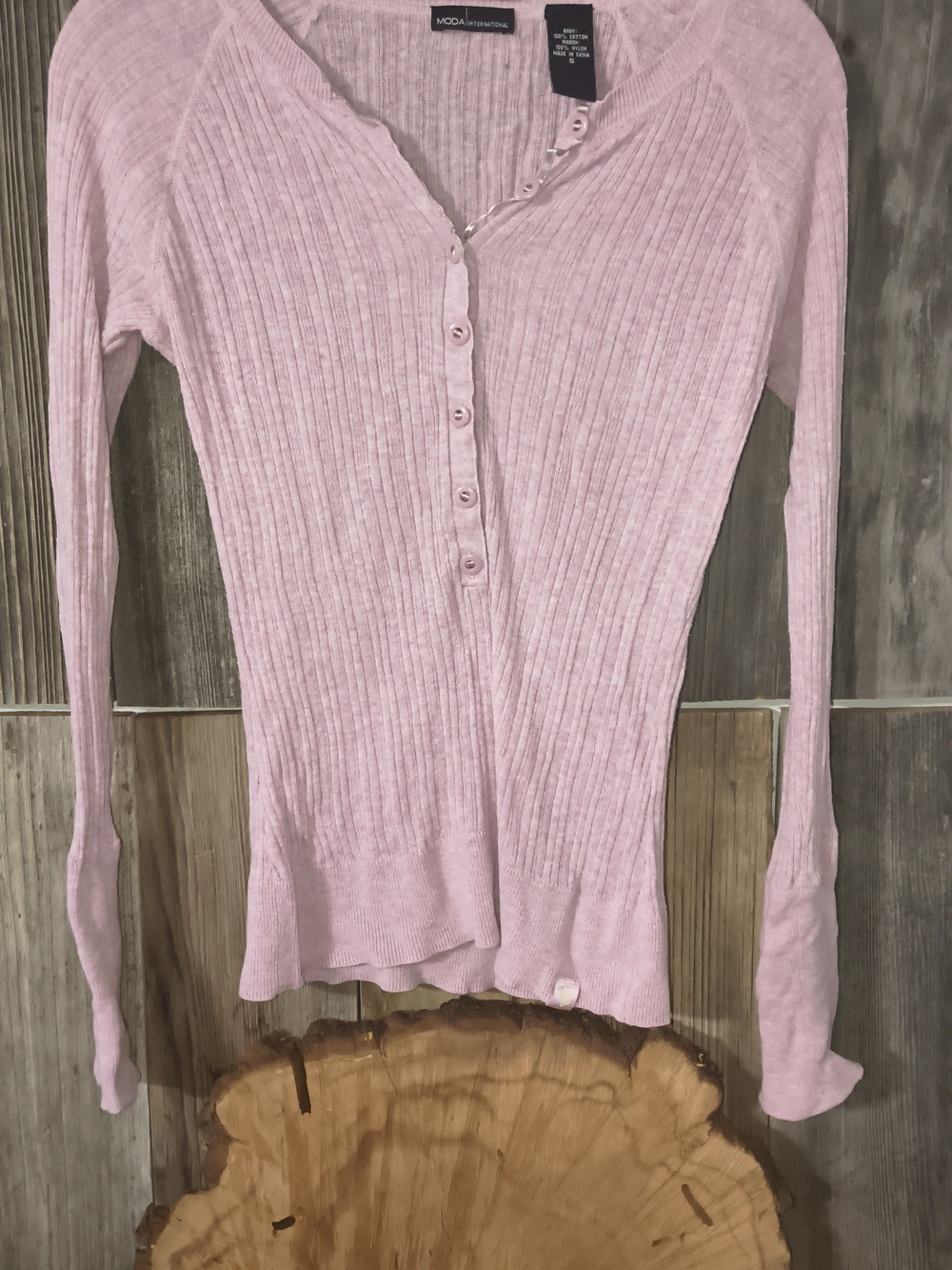 Moda International Light Pink Ribbed Henley Long Sleeve Top